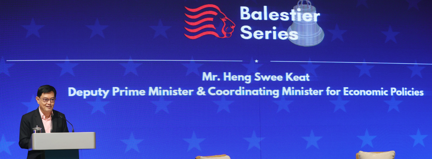 Mr. Heng Swee Keat speaks at podium before "Balestier Series" screen with stars.